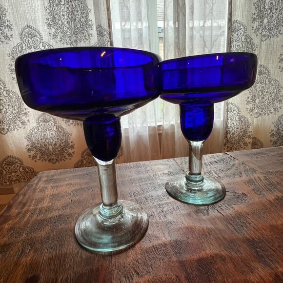 Set Of 2 Mouth Blown Cobalt Blue Glass Margarita Glasses - Picture 3 of 8